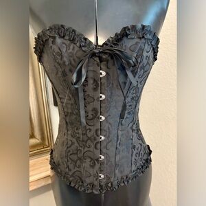 Black Brocade Corset Bustier Ruffle Trim Lace Up Back Goth Victorian Size M
